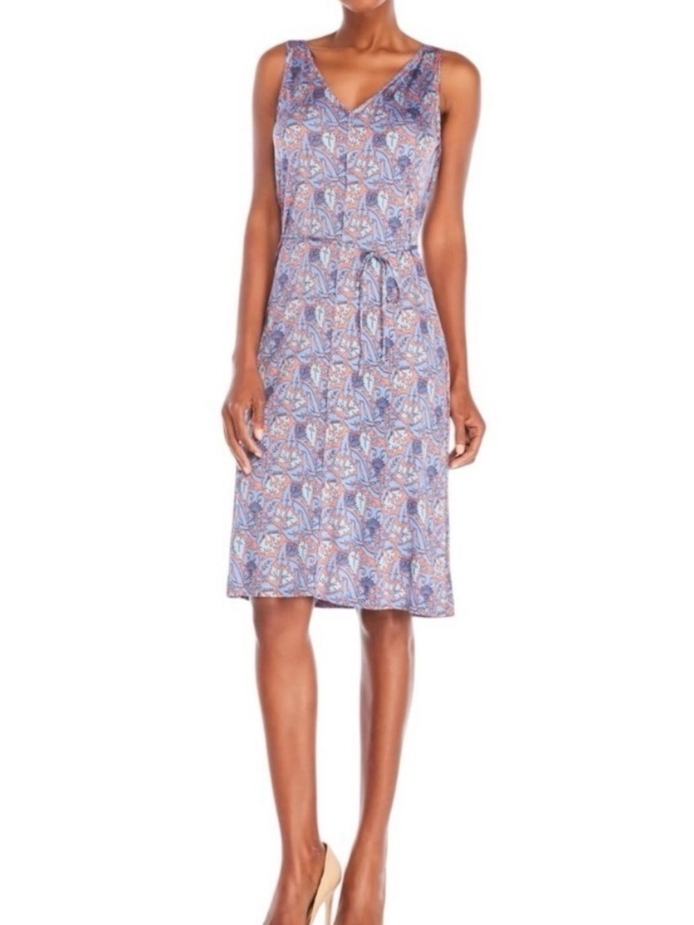 Tory Burch midi dress v neck orange blue paisley leaf pattern L